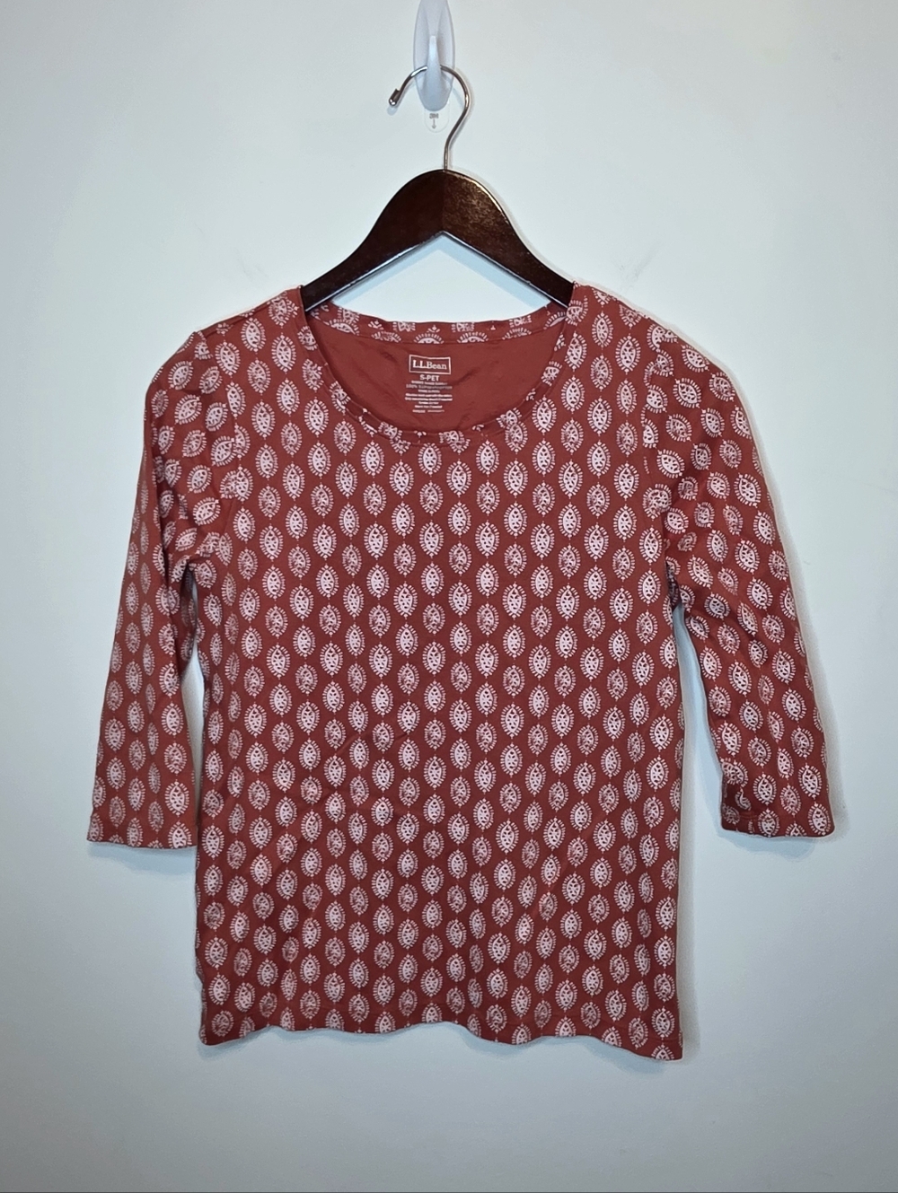 L.L. Bean Red Orange Geometric Pima Cotton 3/4 Sleeve Top Size Small Petite